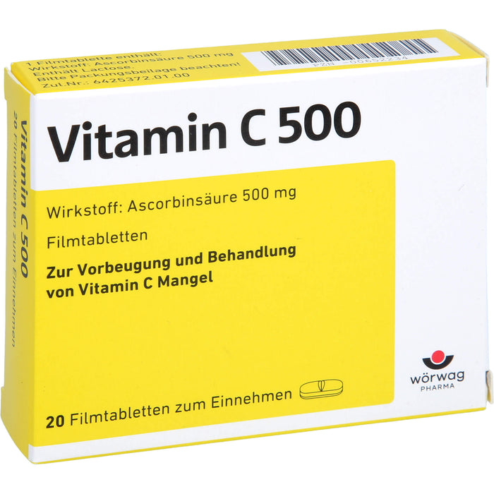 Wörwag Vitamin C 500 Filmtabletten bei Vitamin C Mangel, 20 St. Tabletten