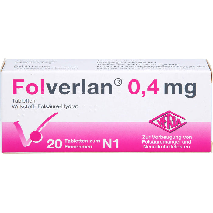 VERLA Folverlan 0,4 mg Tabletten zur Vorbeugung von Folsäuremangel und Neuralrohrdefekten, 20 pcs. Tablets