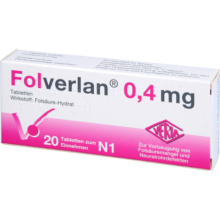 VERLA Folverlan 0,4 mg Tabletten zur Vorbeugung von Folsäuremangel und Neuralrohrdefekten, 20 St. Tabletten