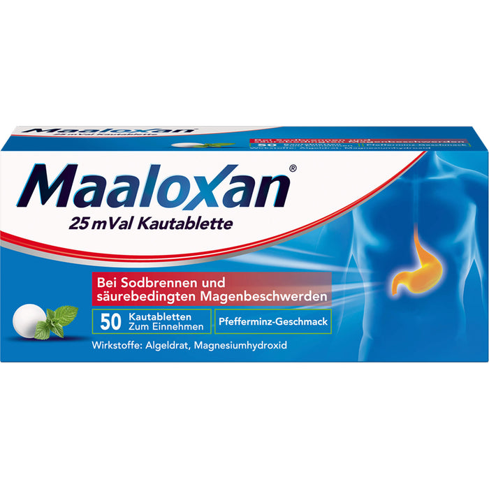 Maaloxan 25 mVal bei Sodbrennen Kautabletten Pfefferminz-Geschmack, 50 pcs. Tablets