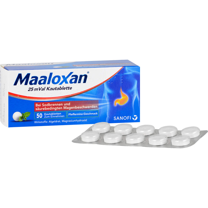 Maaloxan 25 mVal bei Sodbrennen Kautabletten Pfefferminz-Geschmack, 50 pcs. Tablets