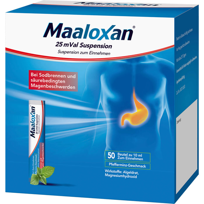 Maaloxan 25 mVal Suspension Pfefferminz bei Sodbrennen, 50 pcs. Sachets