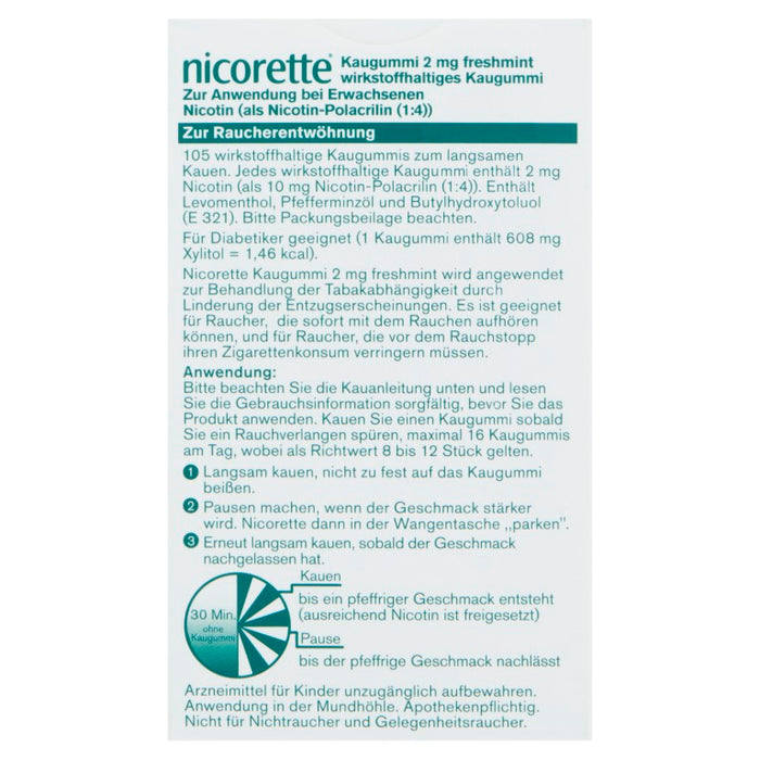 nicorette Kaugummi 2 mg Nicotin zuckerfrei freshmint, 105 pc Gomme à mâcher