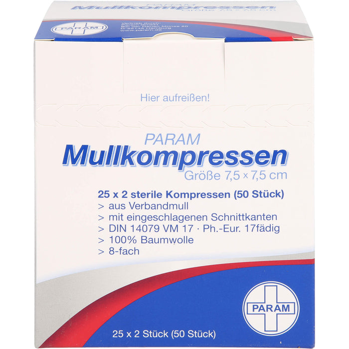 PARAM Mullkompressen 7,5 cm x 7,5 cm steril 8-fach, 50 St. Kompressen