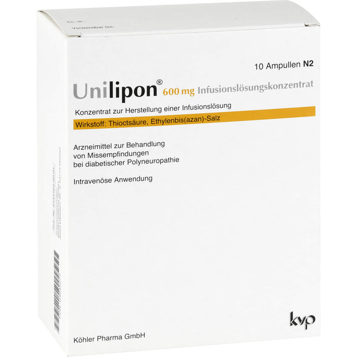 Unilipon 600 mg Infusionslösungskonzentrat bei Missempfindungen bei diabetischer Polyneuropathie, 10 St. Ampullen