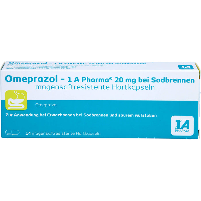 Omeprazol - 1 A Pharma 20 mg Hartkapseln bei Sodbrennen, 14 pc Capsules