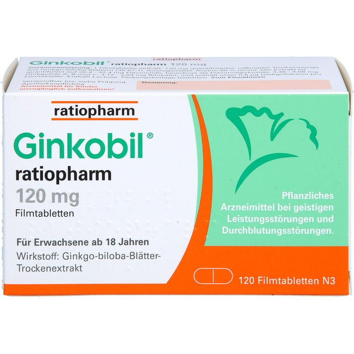 Ginkobil ratiopharm 120 mg Filmtabletten bei geistigen Leistungsstörungen und Durchblutungsstörungen, 120 pc Tablettes