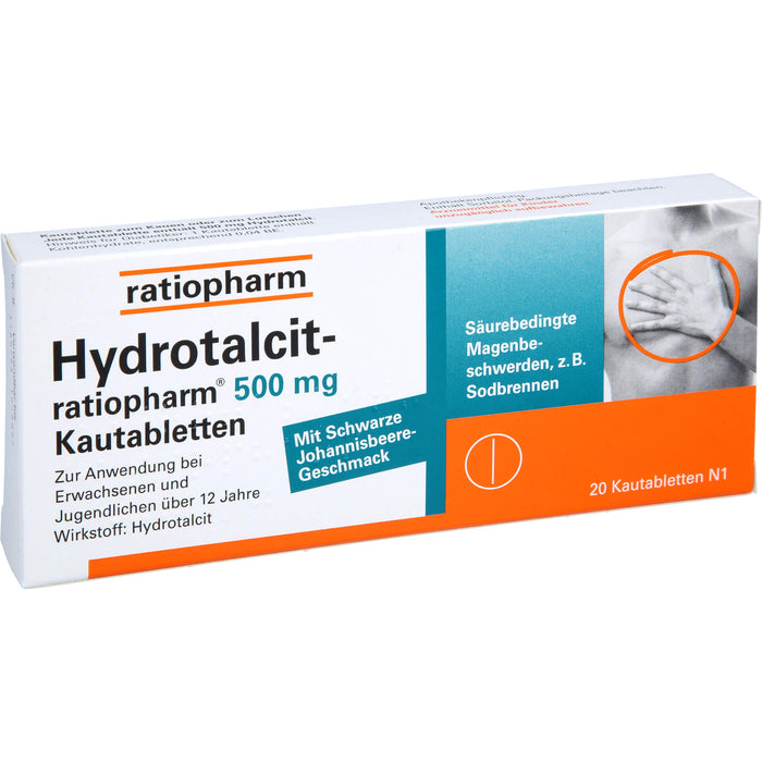 Hydrotalcit-ratiopharm 500 mg Kautabletten bei säurebedingte Magenbeschwerden wie Sodbrennen, 20 pc Tablettes