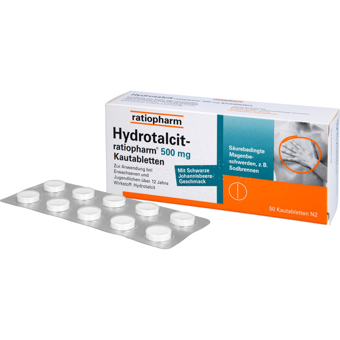 Hydrotalcit-ratiopharm 500 mg Kautabletten bei säurebedingte Magenbeschwerden wie Sodbrennen, 50 pcs. Tablets