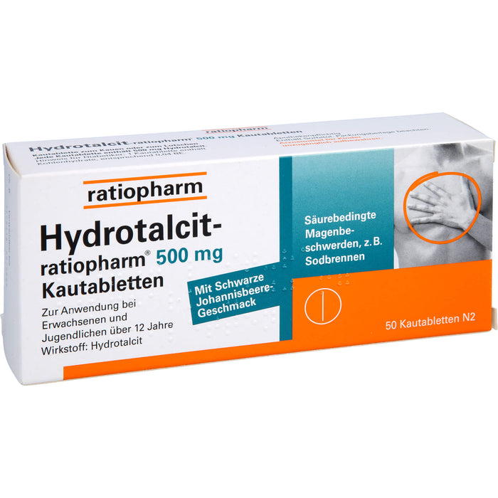 Hydrotalcit-ratiopharm 500 mg Kautabletten bei säurebedingte Magenbeschwerden wie Sodbrennen, 50 pc Tablettes