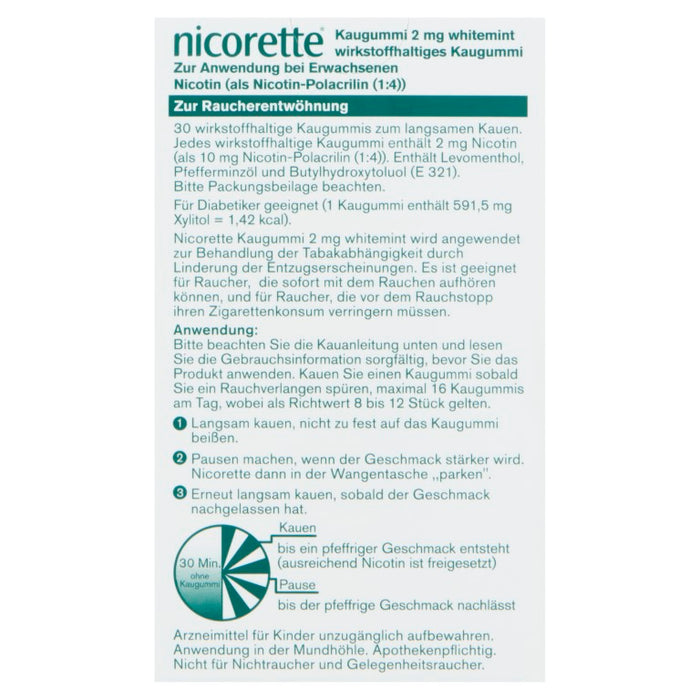 Nicorette whitemint 2 mg Kaugummi, 30 pc Gomme à mâcher