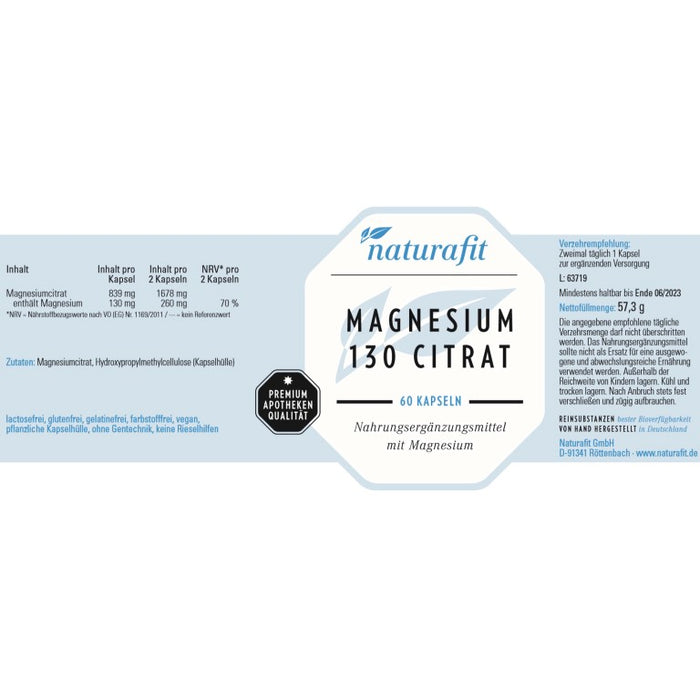 naturafit Magnesium 130 Citrat Kapseln, 60 pcs. Capsules