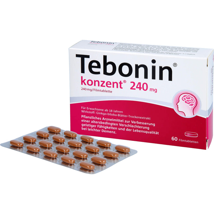 Tebonin konzent 240 mg Filmtabletten zur Verbesserung einer altersbedingten Verschlechterung geistiger Fähigkeiten und der Lebensqualität bei leichter Demenz, 60 pc Tablettes