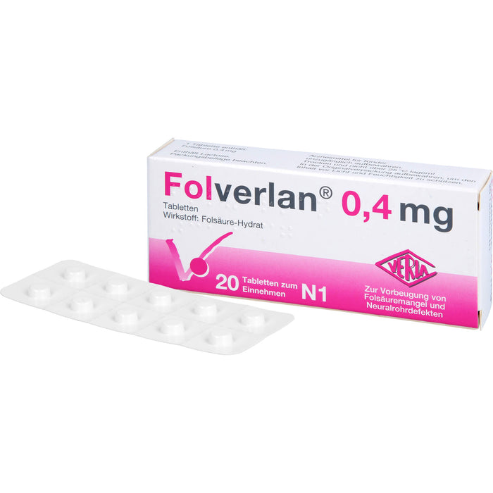 VERLA Folverlan 0,4 mg Tabletten zur Vorbeugung von Folsäuremangel und Neuralrohrdefekten, 20 pcs. Tablets