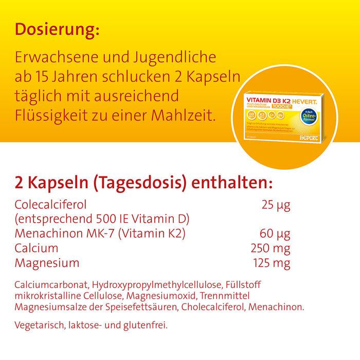 Vitamin D3 K2 Hevert plus Ca Mg 1000 IE/2 Kapseln, 120 pc Capsules