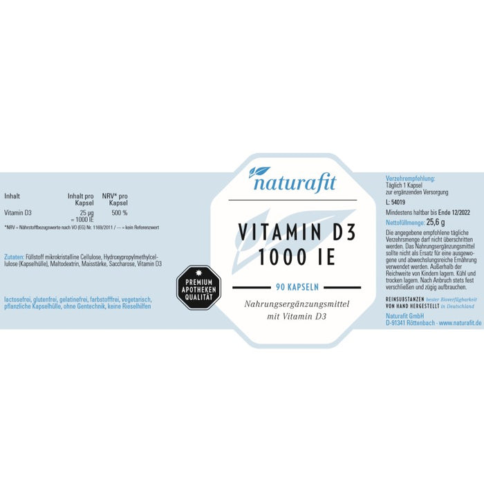 naturafit Vitamin D3 1000 IE Kapseln, 90 pc Capsules