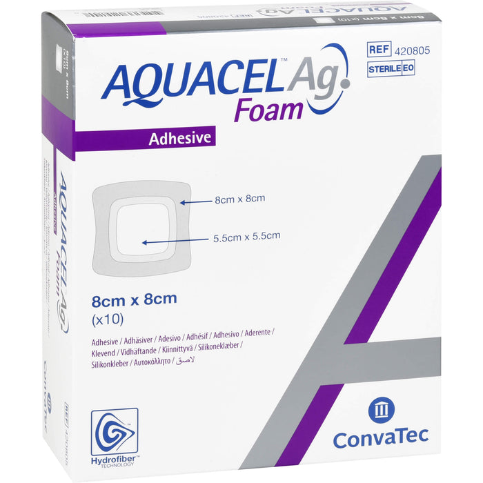 AQUACEL Ag Foam adhäsiv 8x8cm Verband, 10 St VER