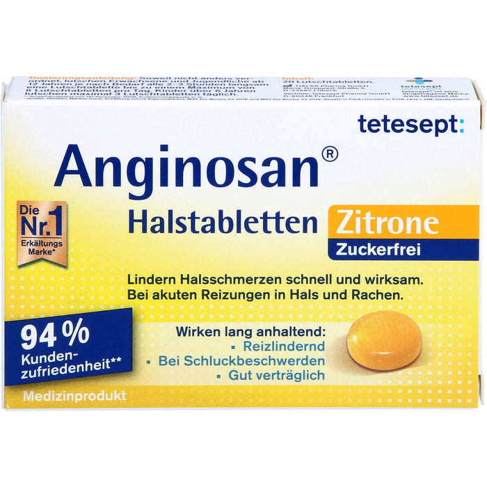 tetesept Anginosan Halstabletten Zitrone zuckerfrei lindern Halsschmerzen bei akuten Reizungen in Hals und Rachen, 20 St. Tabletten