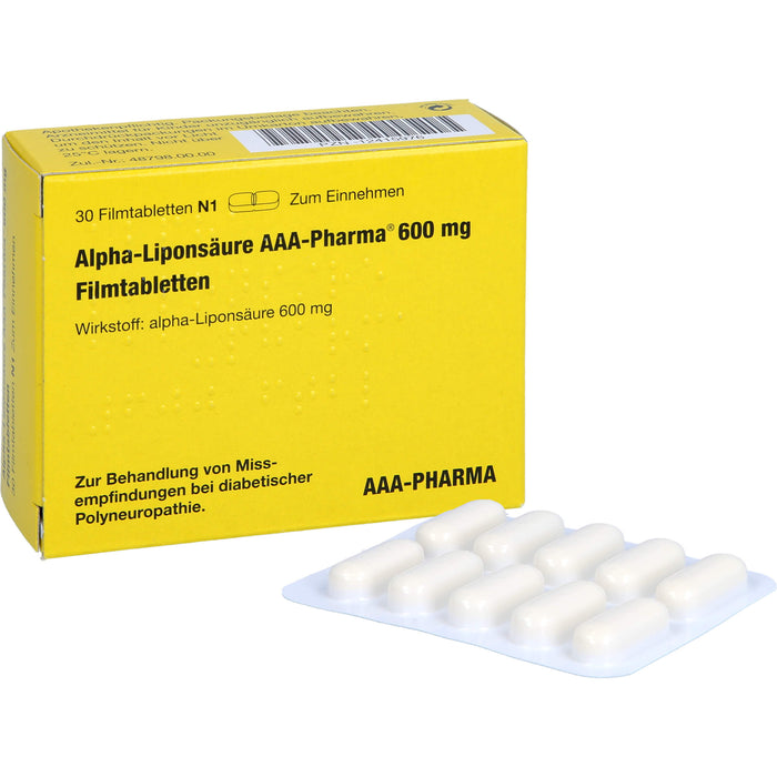 Alpha-Liponsäure AAA-Pharma 600 mg Filmtabletten zur Behandlung von Missempfindungen bei diabetischer Polyneuropathie, 30 pc Tablettes