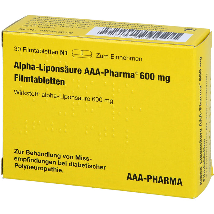 Alpha-Liponsäure AAA-Pharma 600 mg Filmtabletten zur Behandlung von Missempfindungen bei diabetischer Polyneuropathie, 30 pc Tablettes