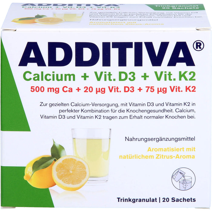 ADDITIVA Calcium + D3 + K2 Trinkgranulat Zitrus-Aroma, 20 pcs. Sachets