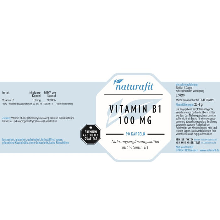 naturafit Vitamin B1 100 mg Kapseln, 90 pc Capsules