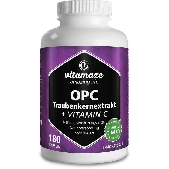 Vitamaze OPC Traubenkernextrakt hochdosiert + Vitamin C Kapseln, 180 pc Capsules