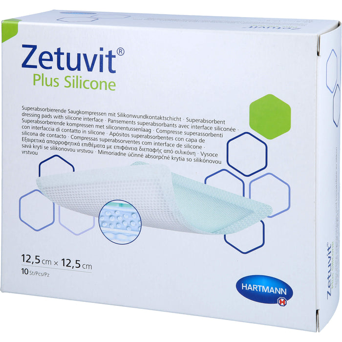 Zetuvit Plus Silicone steril 12,5 cm x 12,5 cm superabsorbierende Saugkompressen mit Silikonwundkontaktschicht, 10 St. Kompressen