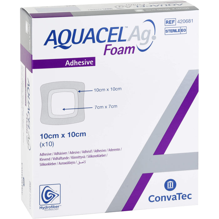 Aquacel Ag Foam adhäsiv 10x10 cm Verband, 10 St VER