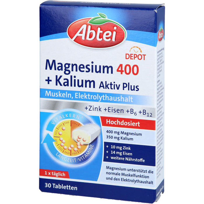 Abtei Magnesium 400 + Kalium aktiv plus Tabletten für Muskeln und Elektrolythaushalt, 30 pc Tablettes