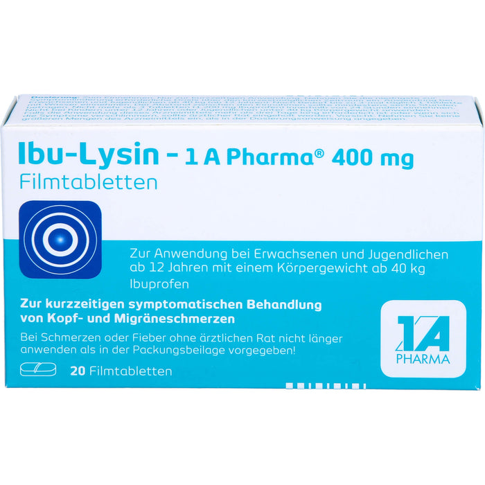 Ibu-Lysin 1A Pharma 400 mg Filmtabletten zur kurzzeitigen symptomatischen Behandlung von Kopf- und Migräneschmerzen, 20 pc Tablettes