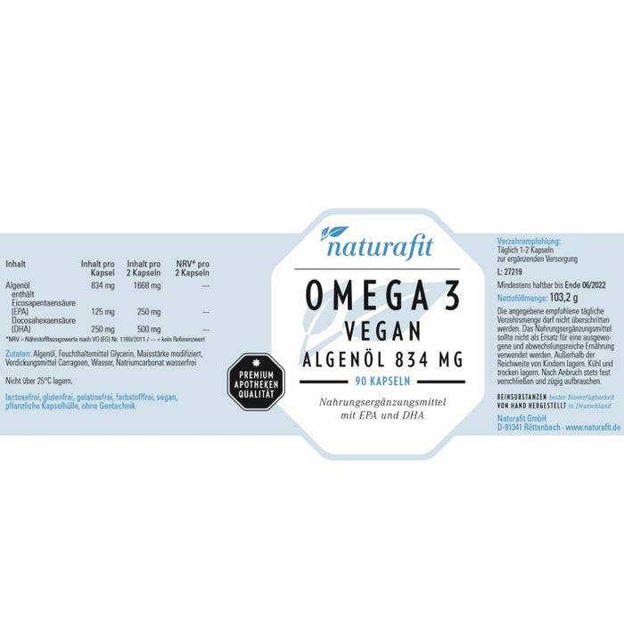 naturafit Omega 3 vegan Algenöl 834 mg Kapseln, 90 pcs. Capsules