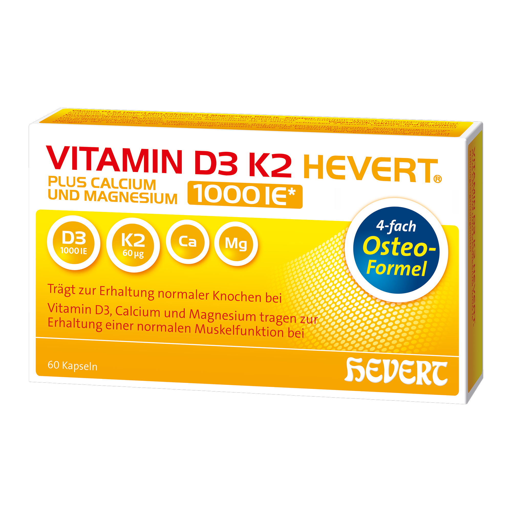 Vitamin D3 K2 Hevert plus Calcium und Magnesium 1000 IE, 60 St. Kapseln