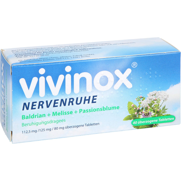 Vivinox Nervenruhe Baldrian + Melisse + Passionsblume .Beruhigungsdragees, 40 pcs. Dragées