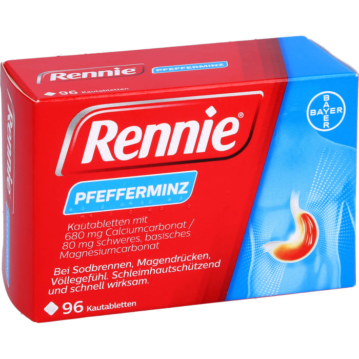 Rennie Kautabletten bei Sodbrennen, Magendrücken und Völlegefühl Pfefferminze, 96 pcs. Tablets