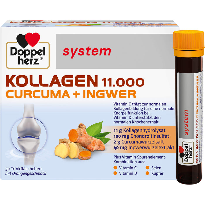 Doppelherz system Kollagen 11,000 Curcuma + Ingwer Lösung für eine normale Knorpelfunktion und zur Unterstützung eines normalen Knochenerhalts, 30 pc Biberons