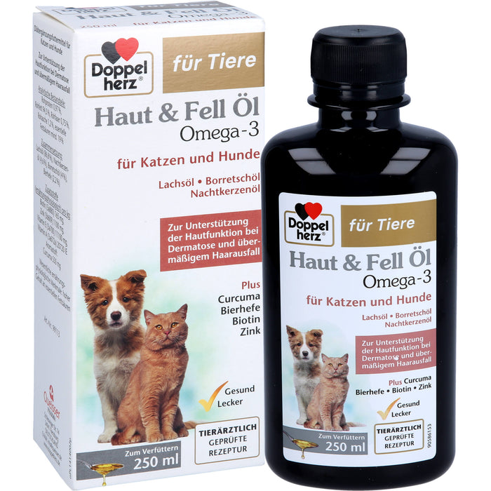 Doppelherz Haut & Fell Öl Omega 3 für Katzen + Hunde zur Unterstützung der Hautfunktion bei Dermatose und übermäßigem Haarausfall, 250 ml Solution