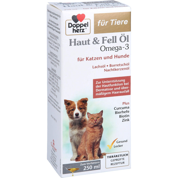 Doppelherz Haut & Fell Öl Omega 3 für Katzen + Hunde zur Unterstützung der Hautfunktion bei Dermatose und übermäßigem Haarausfall, 250 ml Lösung