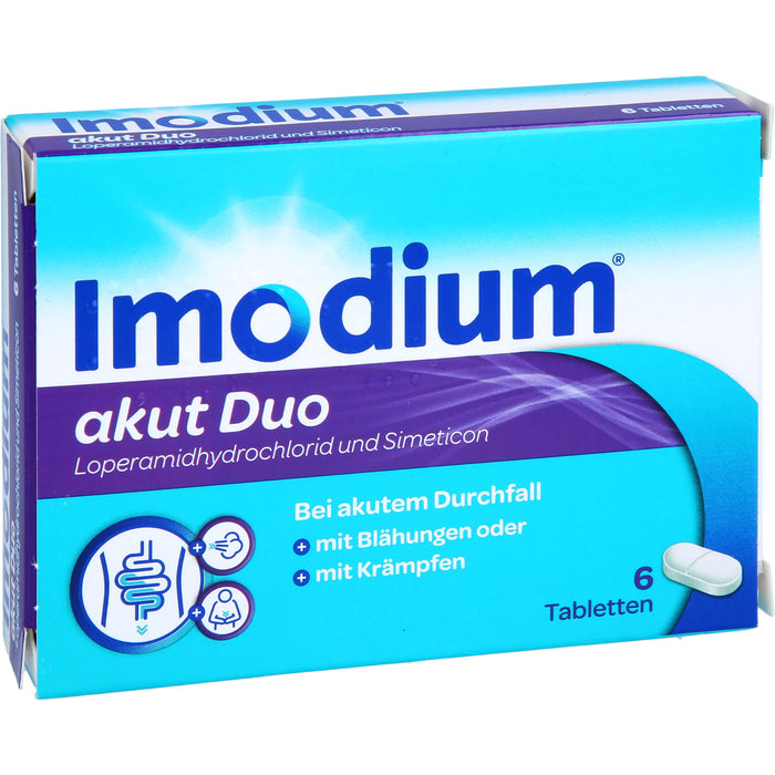 Imodium akut Duo 2 mg / 125 mg Tabletten bei akutem Durchfall mit Blähungen, 6 pc Tablettes