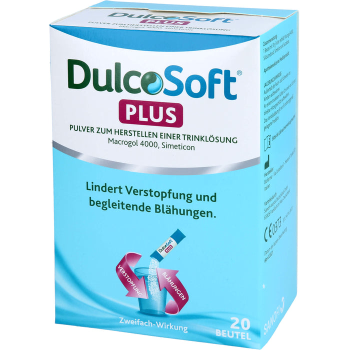 DulcoSoft Plus mit Macrogol und Simeticon Pulver lindert Verstopfung und begleitende Blähungen, 20 pc Sachets