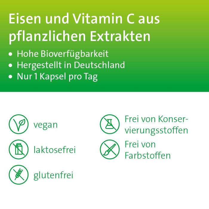 HEVERT Eisen + C pflanzliche Kapseln für Blutbildung, Energiestoffwechsel und zur Verringerung von Müdigkeit, 60 pc Capsules