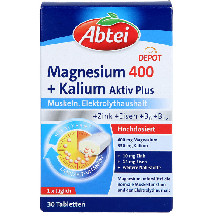 Abtei Magnesium 400 + Kalium aktiv plus Tabletten für Muskeln und Elektrolythaushalt, 30 St. Tabletten