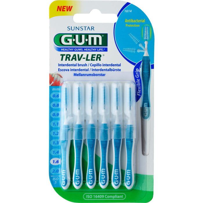 GUM TRAV-LER blau Tanne 1,6mm Interdental+6 Kappen, 5 St. Interdentalbürsten